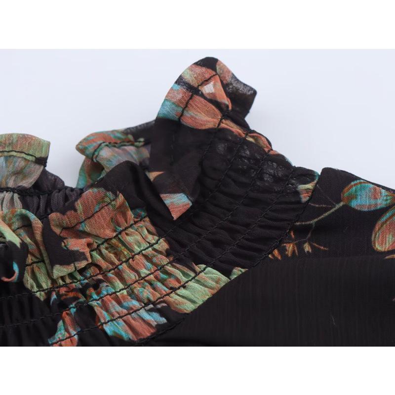 2025 Summer European & American Women's High Neck Waist-Cinching Chiffon Print Long Dress