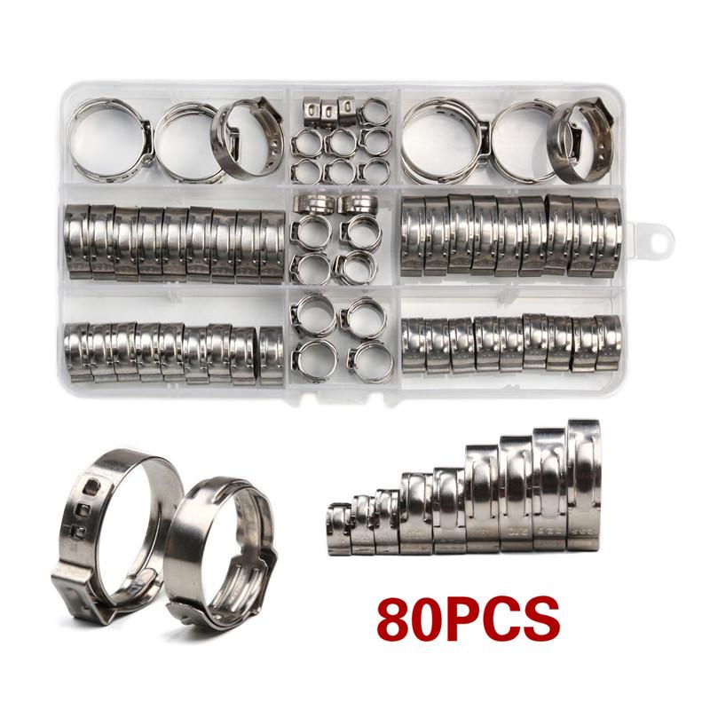 

45/80pcs Stainless Steel Single Ear Hose Clamps - American Style, Multi-Specification 45PCS Box