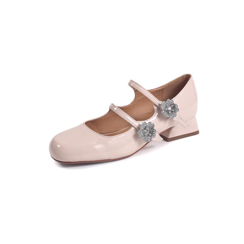 Fashion New women's genuine leather, cowhide, patent leather, round toe rhinestone flower belt buckle, high heels, Mary Jane shoes