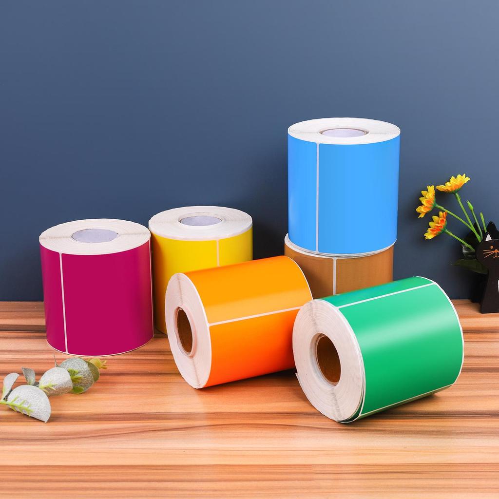 Copper Plate Self-Adhesive Labels, 100x100 & 60x40 mm, Multi-Color (Red, Orange, Yellow, Green, Blue, Purple, Pink, Brown) Barcode Paper Roll