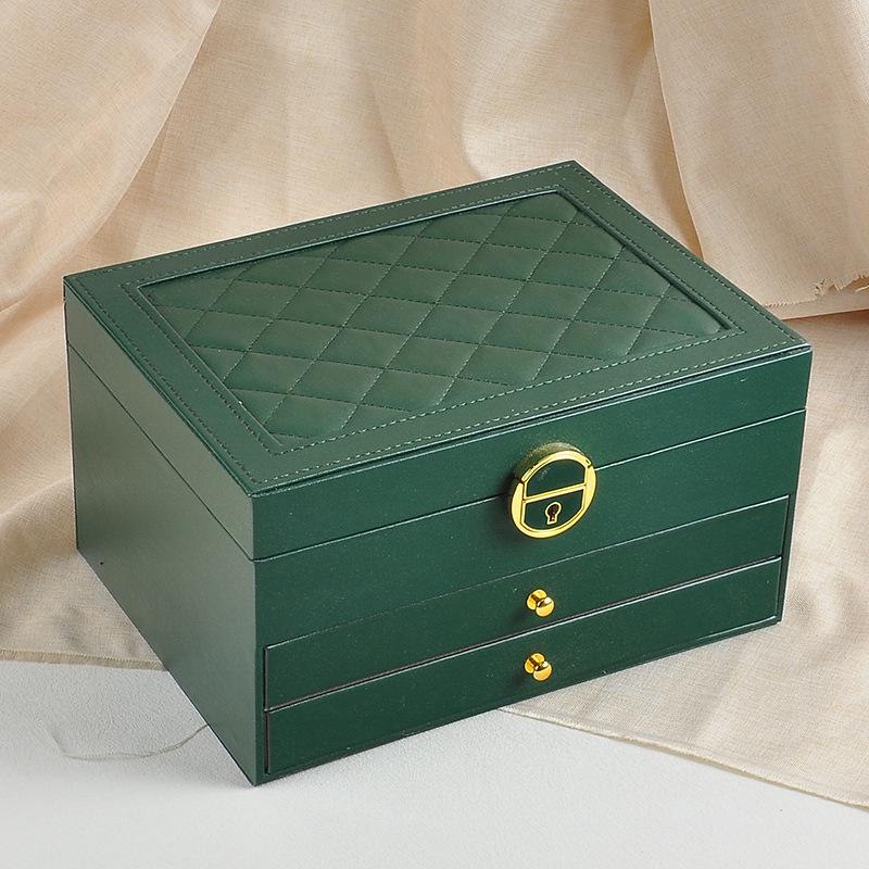 Three-Layer Leather Jewelry Box with Lock for Rings, Bracelets, and Earrings