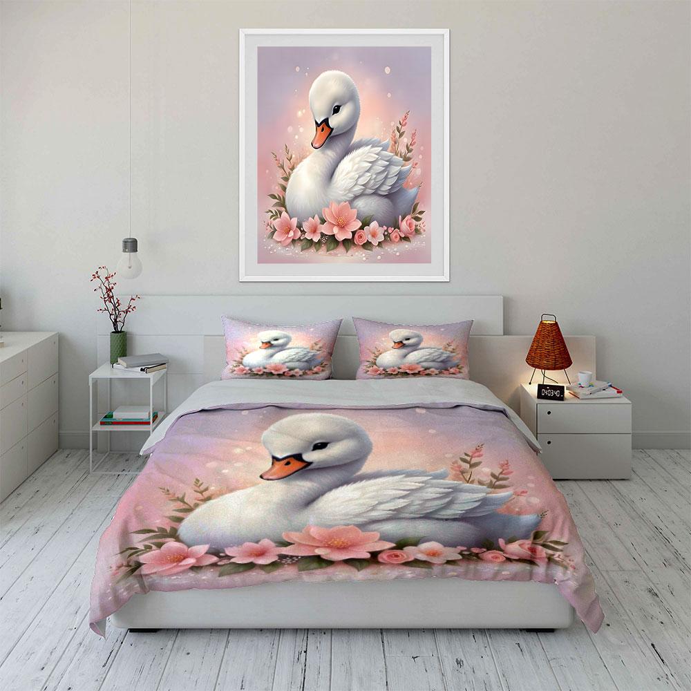 Swan With Pink Floral Background Printed Duvet Cover Set1 Duvet Cover+2 Pillowcasemulti Size Bedroom Bedding Decor