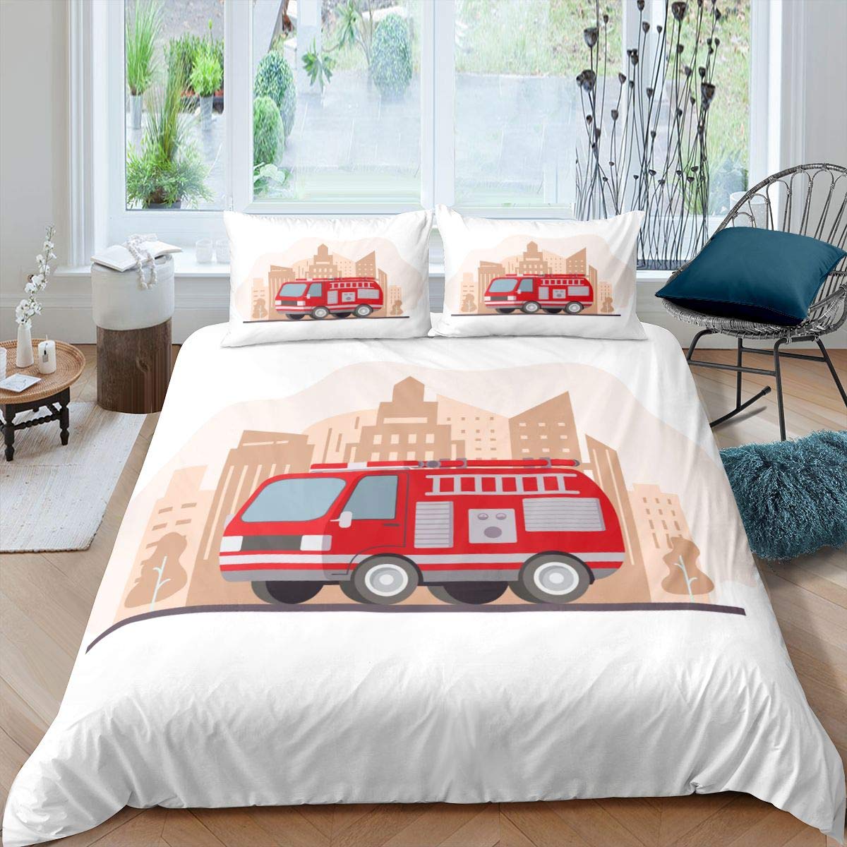 

Пожежна вантажівка Комплект підодіяльників Дитячий Пожежний Автомобіль Комплект постільної білизни для хлопчиків Пожежна машина Зразок King Size Підодіяльник US Queen(228x228cm)