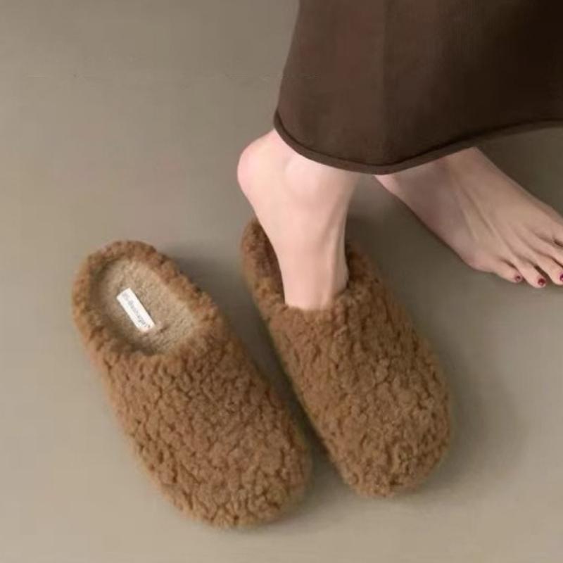 Damen Baumwoll Hausschuhe Mode Pelz Flache Mules Schuhe 2026 Neue Winter Plüsch Haus Hausschuh Warm Rutschfest Retro Hausschuhe Zapatos