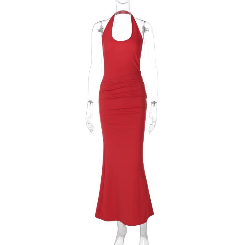 Women's Sexy Temperament Deep V Hollow Halter Slim Solid Color Sleeveless Buttock Dress