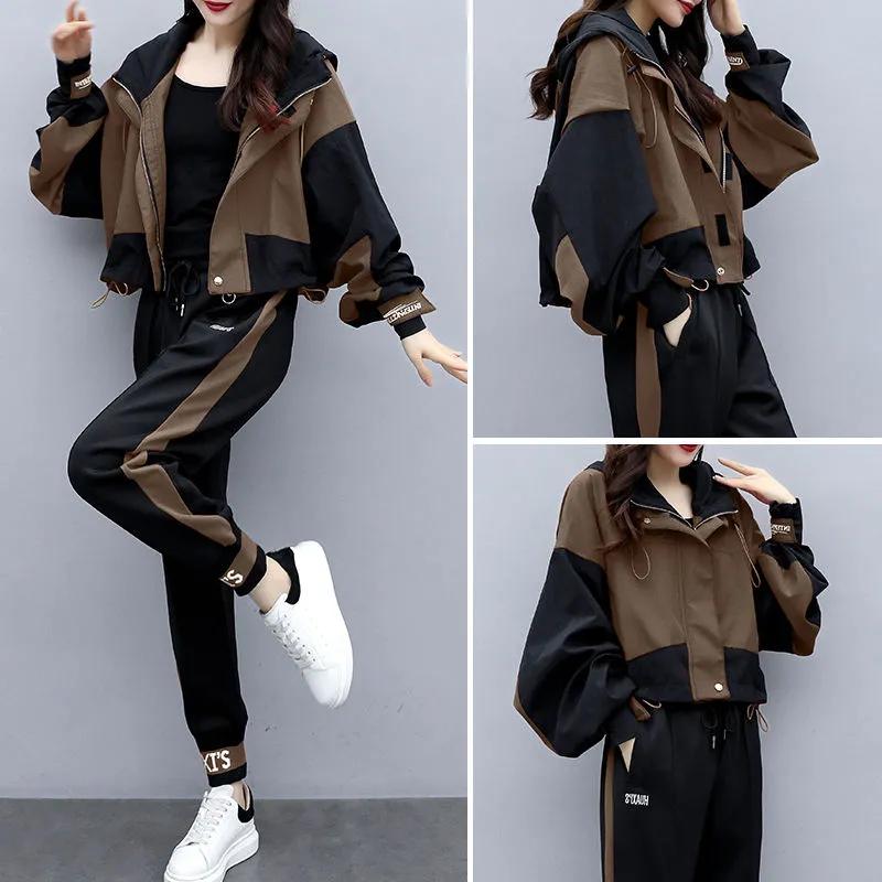 Women's Spring and Autumn Color Blocking Casual Suit Hooded Jacket + Pants Sports Aging Two Piece Set