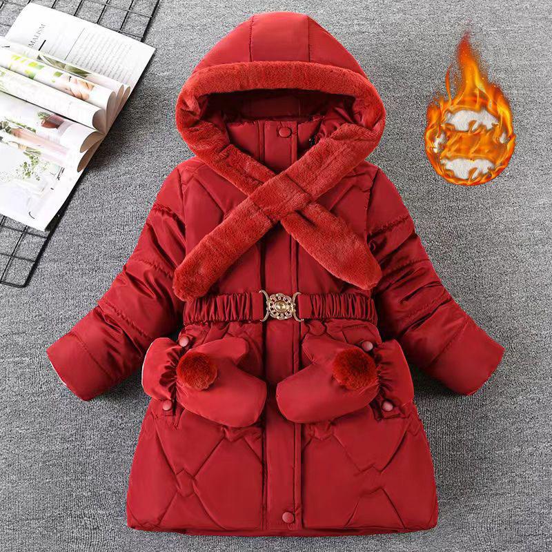 Winter Girls Jacket Warm Windproof Outerwear Hooded Zipper Fur Collar Princess Coat Kids Clothes