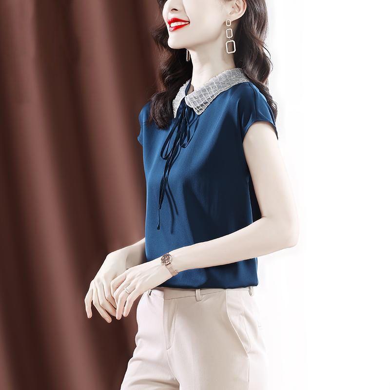 Office Lady Peter Pan Collar Chic Embroidered Flares Blouse Summer Solid Color All-match Drawstring Female Short Sleeve Shirt
