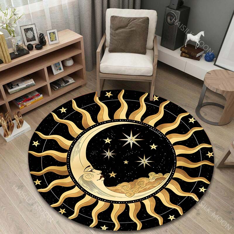 Multiple Sizes Retro Sun and Moon Mandala Art Print Round Carpet Living Room Bedroom Table Chair Sofa Decorative Carpet