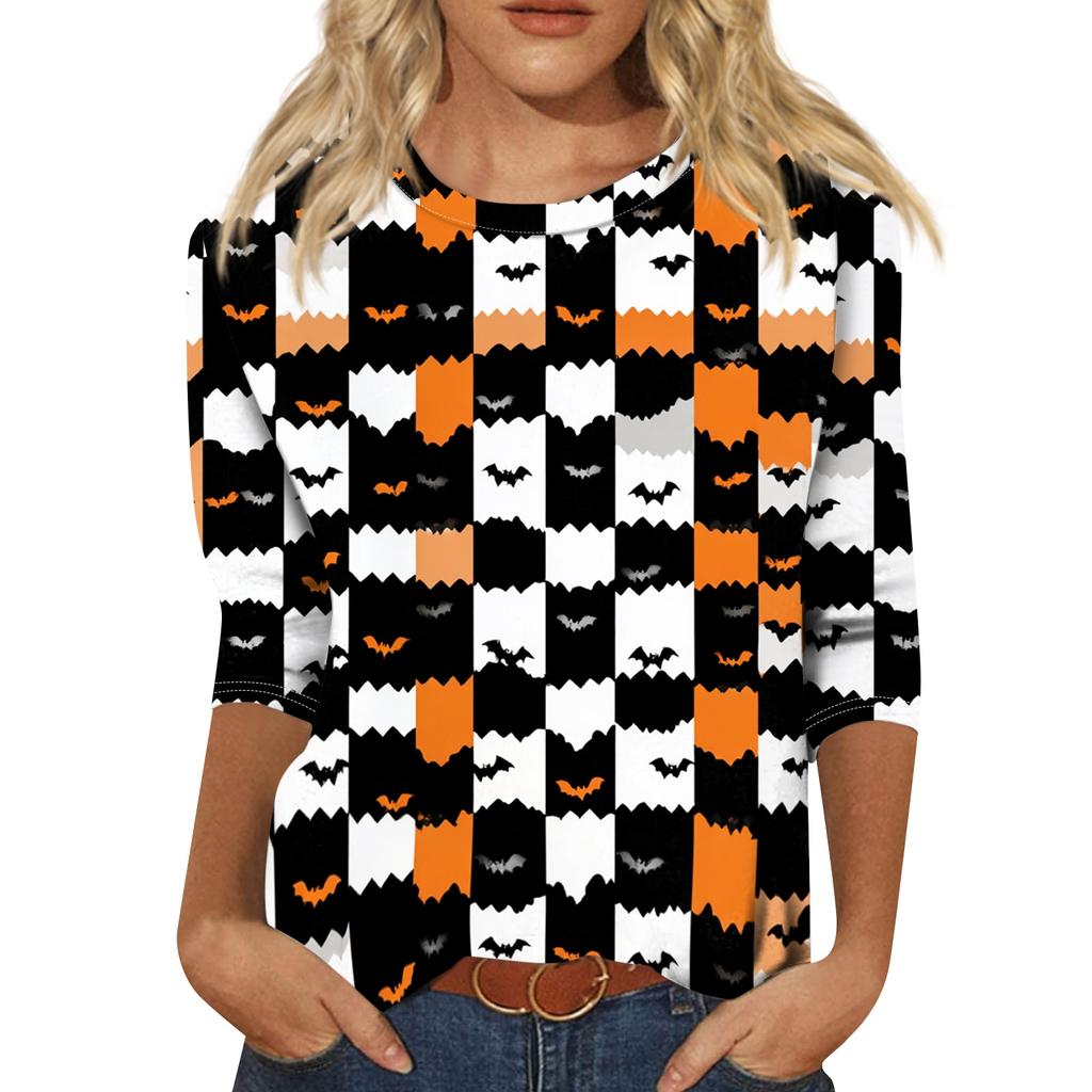 Women’s Casual Halloween Print Crew Neck Three Quarter Sleeve Floral Pattern T Shirt Top for Daily Wear Holiday Party