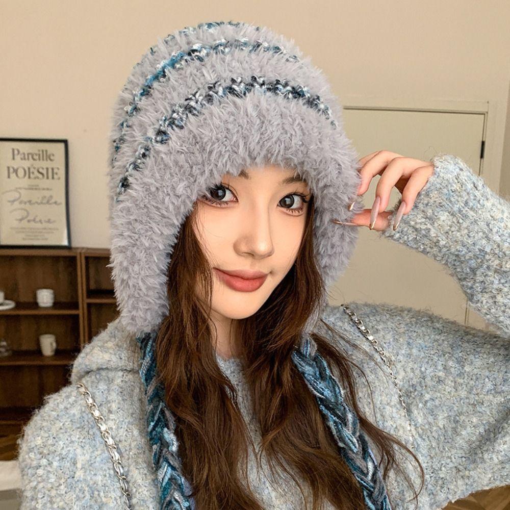Korean Style Ear Protection Hat Soft Knitted Warm Hat Gifts Plush Pullover Hats  Outdoor