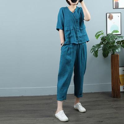Literature Seturi de pantaloni vintage cu jumătate de mânecă, cămăși largi, uni și pantaloni harem casual, în stil coreean, seturi din două piese, ținute pentru femei