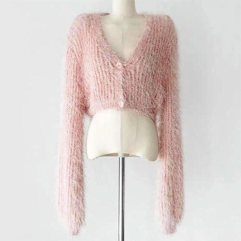 

Пушистый короткий свитер, сексуальное однобортное пальто с V-образным вырезом и длинными рукавами, корейский шикарный вязаный топ, модный розовый укороченный кардиган, женская одежда One Size розовый