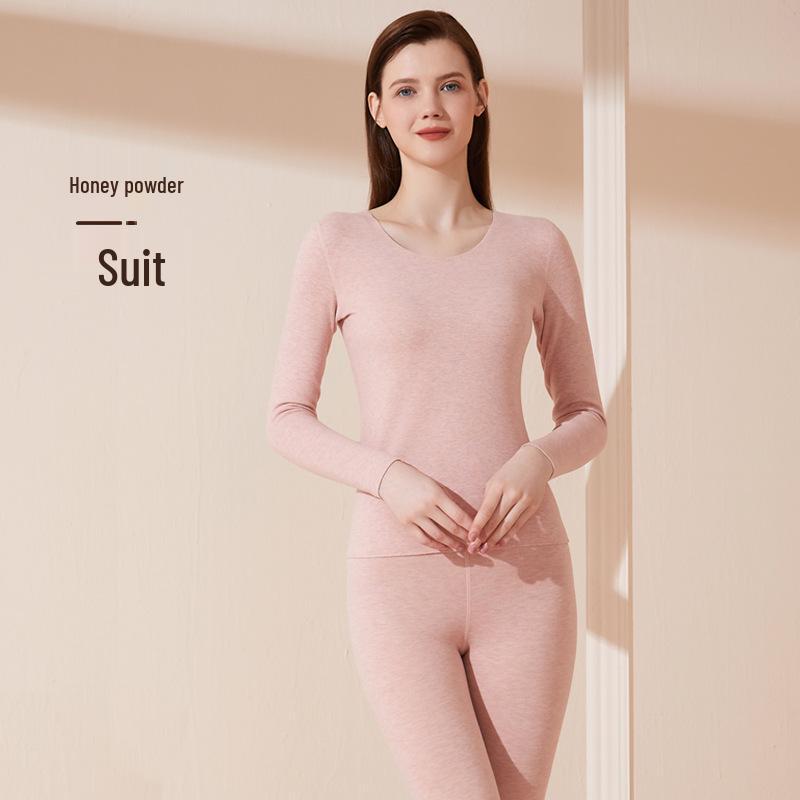 Women's Fleece-Lined Cashmere Silk Thermal Underwear Set - Seamless Round Neck, Antibacterial German Velvet Autumn Pants