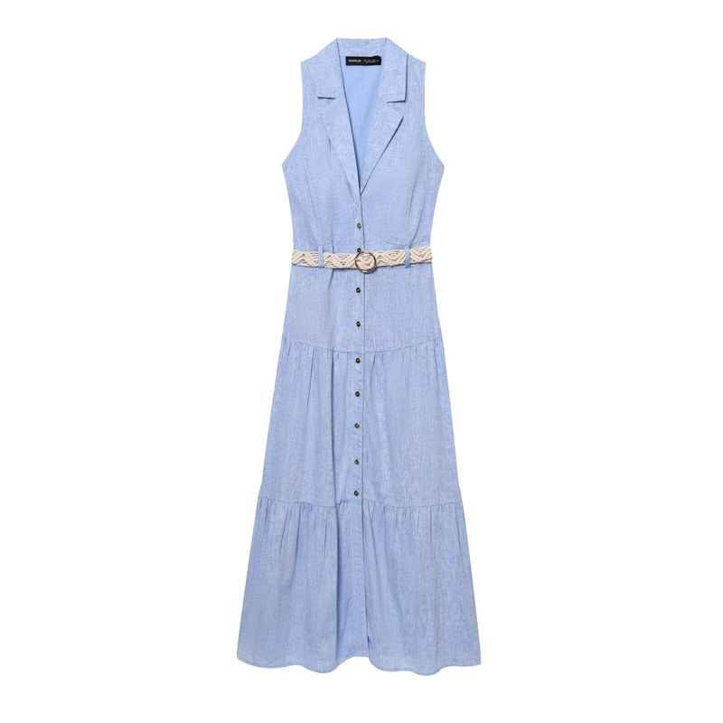 

Kaslead New Women clothes Western Style With Belt Fashion Blended Midi Dress 8372110 400 Blue L