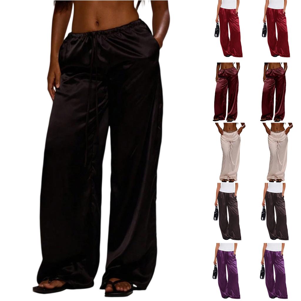 Pantaloni Casual da Donna alla Moda in Raso, Pantaloni Lunghi Larghi e Comodi con Coulisse