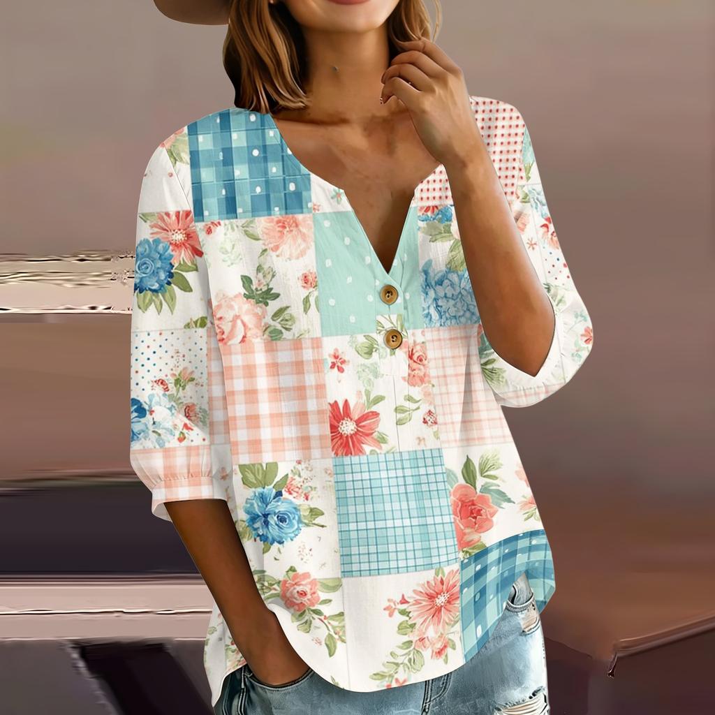 Women’s Fashion Printed Patchwork Cotton Linen Henley Shirt with Button Front and Three Quarter Sleeves Relaxed Fit Top
