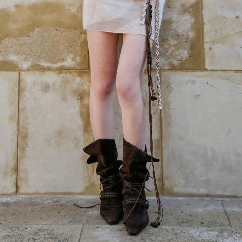 Sheepskin Version~ Nomadic Niche Suede Small Square Head High Heel Western Cowboy Boots Women's Pleated Thin Boots Medium Boots