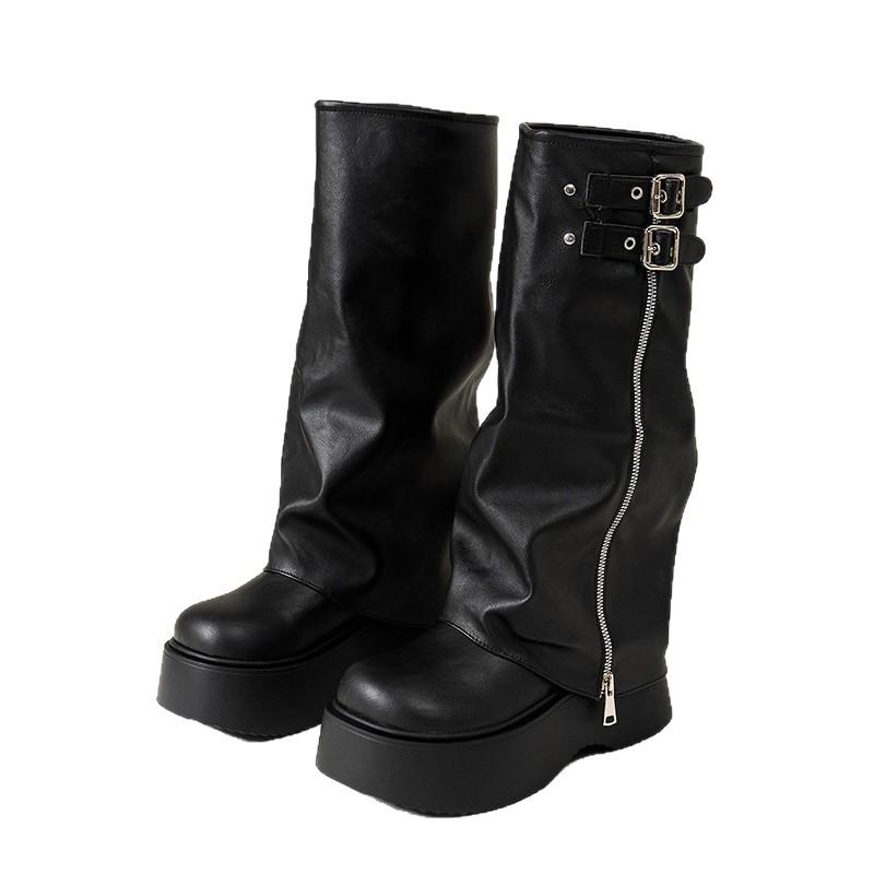 Black Retro British Thick Heel Platform Boots Women's 2025 New Autumn Thin and Heightened Trousers Knight Boots