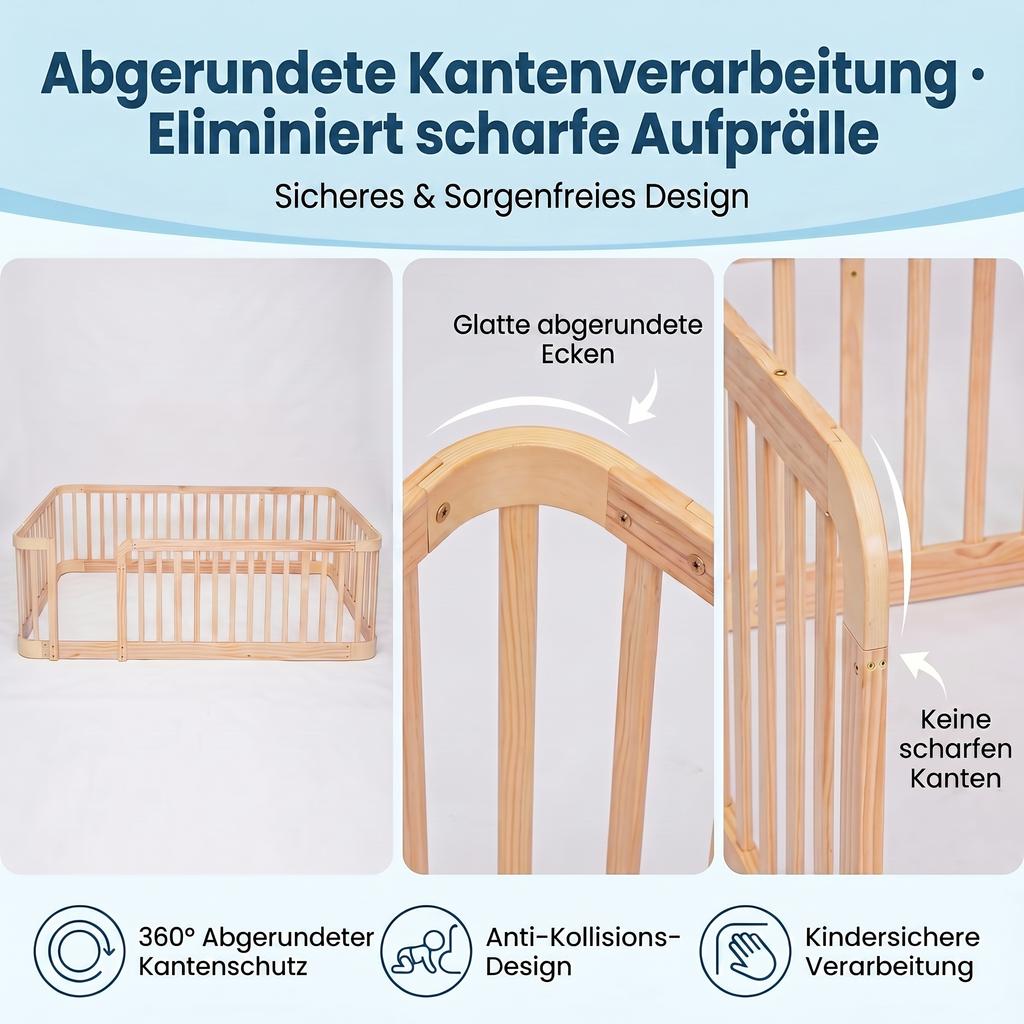 140×200cm Natural Wood Modular Baby Playpen, 7cm Standard-Compliant Gap, Rounded Edges, Universal Child Safety Fence for Indoors