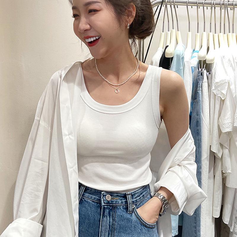 Women's Ribbed Cotton Slim Fit Wide Shoulder Tank Top - Anti-Exposure Summer Base Layer