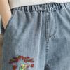 Johnature Women Vintage Embroidery Floral Denim Pants Elastic Waist Blue Casual Trouser Autumn Straight Pants