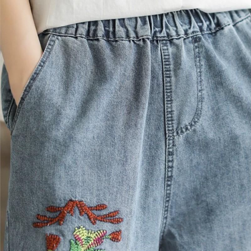 Johnature Women Vintage Embroidery Floral Denim Pants Elastic Waist Blue Casual Trouser Autumn Straight Pants