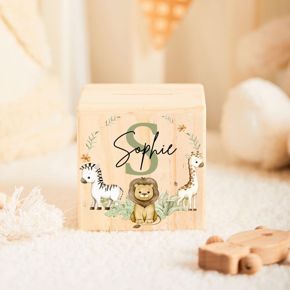 Personalized Money Box Initial with Name Kids Money Boxes Safari Animal Coin Collection Case Wooden Coin Bank Child Shower Gift