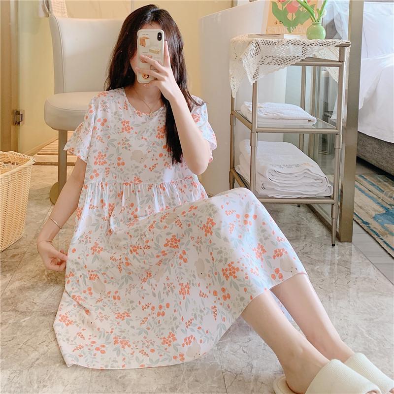 Cotton and Silk Nightgown Women's Summer Short-sleeved Large-size High-end Printed Maternity Pajamas Can Be Worn Outside Long Loungewear