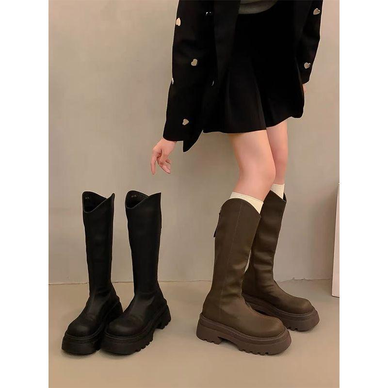 Versatile and thin v-mouth knight boots American retro brown heightening platform boots women's 2025 autumn and winter new models