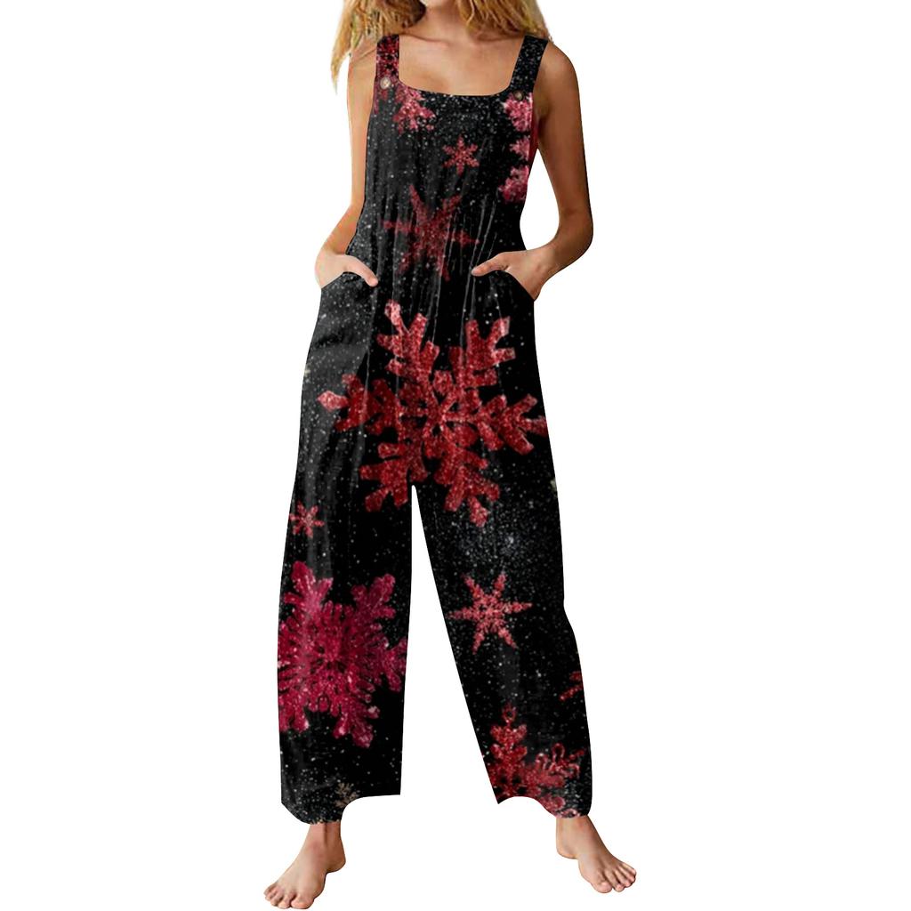 Womens Casual Overalls Jumpsuits Adjustable Straps Sleeveless Print Comfy Rompers With Pocket