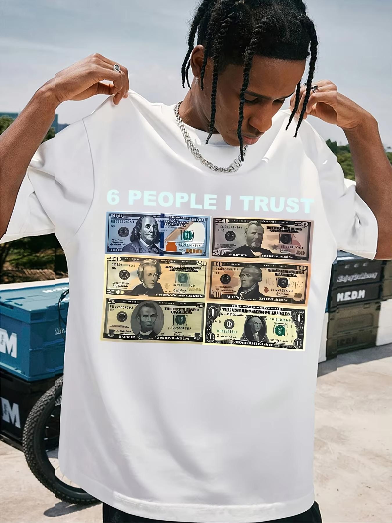

6 People I Trust Pattern Cotton T-shirt-Men S Retro Relaxed-Fit Crew Neck T-shirt with Bold Dollar Bill Printing 4XL