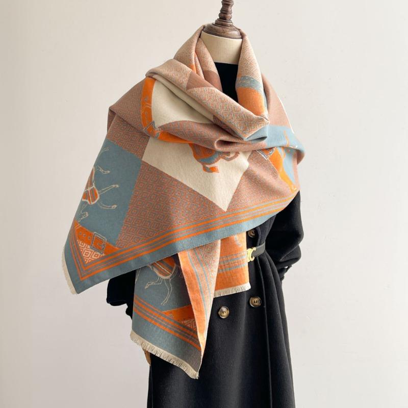 Scarf Ladies Thickened Warm Hermès Orange Horse Jacquard Scarf Autumn and Winter Travel Dual-purpose Shawl Outside