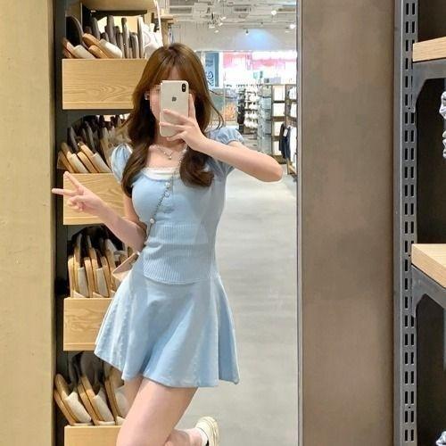Wanna close waist knitted dress slim summer ice silk skirt sweet bubble sleeve square neck skirt, summer