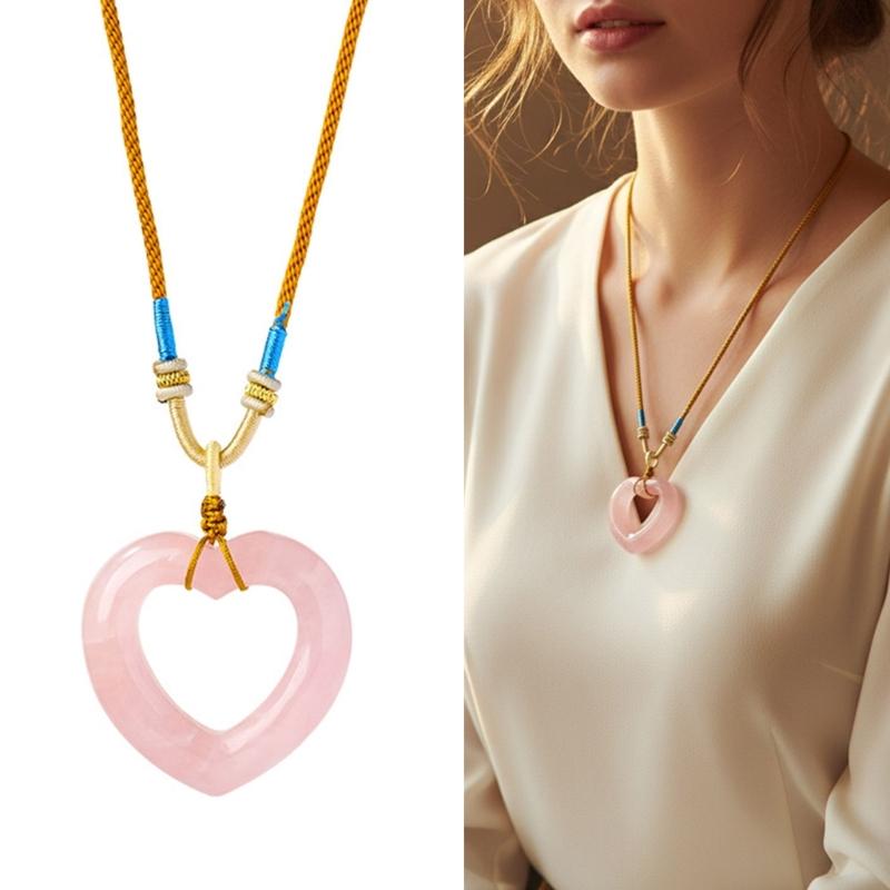 Natural Rose Crystal Openwork Heart Charm Necklace Bohemian Braided Rope Chain Dainty Feminine Gift For Her