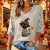 Women's V-Neck Casual Halloween Print Three-Quarter Sleeve Top
