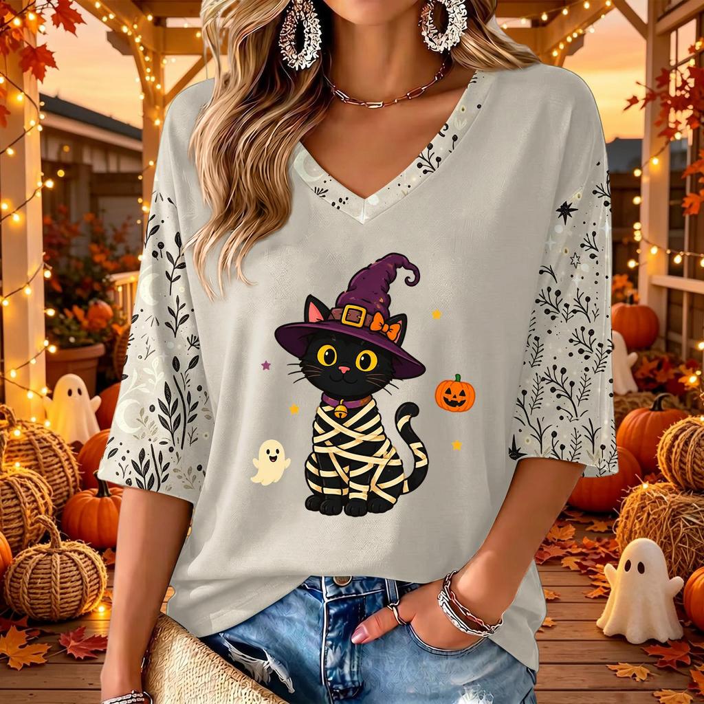 Women's V-Neck Casual Halloween Print Three-Quarter Sleeve Top