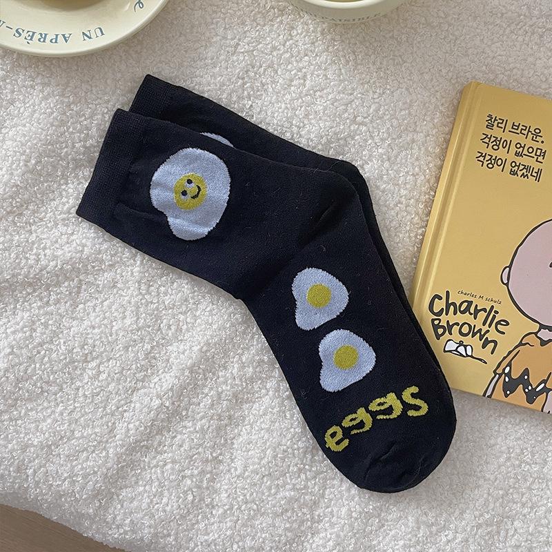 Korean Women's Mid-Calf Socks - Cute Pizza, Cookie, Cheese Biscuit Cartoon Design