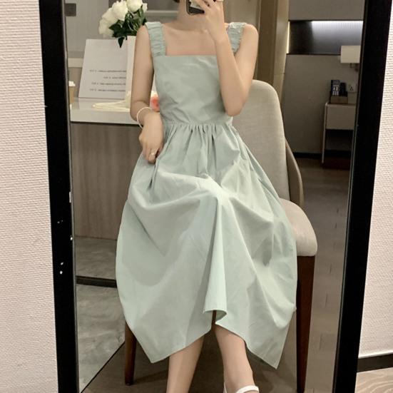 Čtvercový výstřih Bez rukávů Jednobarevné Zúžené v pase Letní šaty Sladké Elastický ramenní popruh Rozšířený velký lem Šaty na ramínka Streetwear