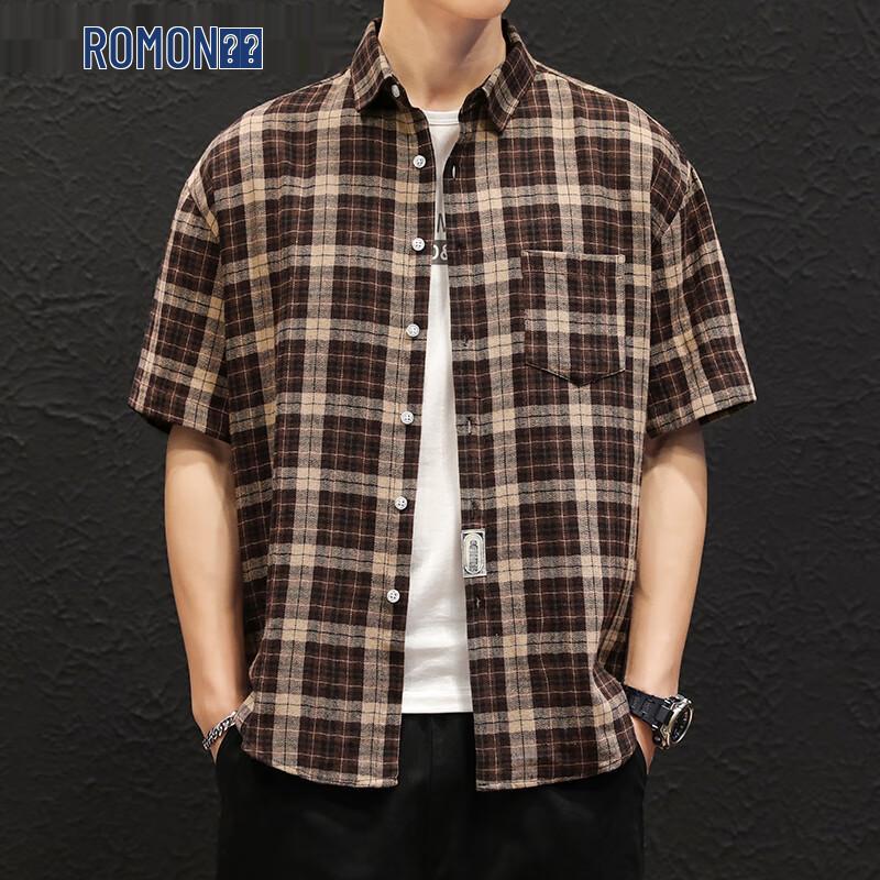 Romon Men s Short Sleeve Non-Iron Plaid Shirt XL