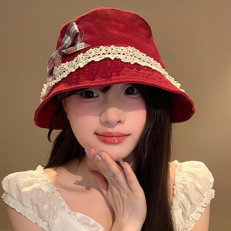 Sweet bow lace edge red bucket hat women's spring new sunshade sunscreen big brim basin hat