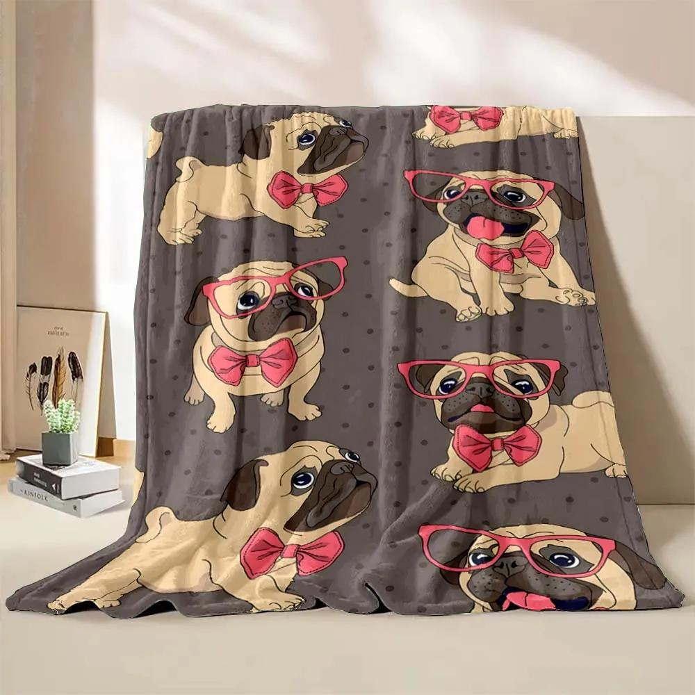Cute Pet Dog Pug Print Throw Blanket Soft Cozy Flannel Blanket Lightweight Warm Bed Blanket for Couch Sofa Camping Office Travel