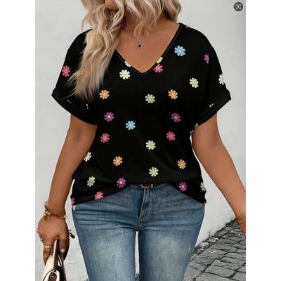 Damski letni T-shirt w dużych rozmiarach z krótkim rękawem, z kwiatowym nadrukiem, z dekoltem w serek, casualowy, niezbędny, luźny i wygodny top na lato