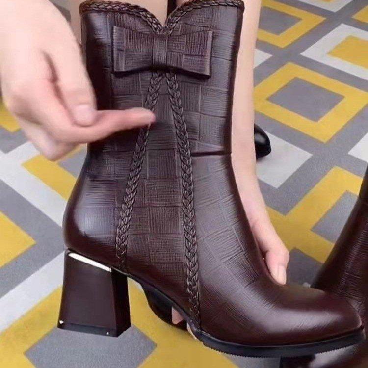 

Womens Shoes New Fashion Thick Sole Ankle Boots Bow Comfortable Waterproof Mid-calf Heels Women Boots Zapatos De Mujer 42 темно-коричневого