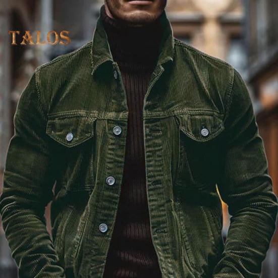 Men Spring Fall Coat Corduroy Turn-down Collar Loose Outerwear Single-breasted Button-down Long Sleeve Loose Coat for Dating Daily School