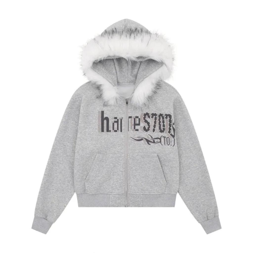 Street Letter Embroidered Fur Collar Hoodies for Women New Autumn Winter Baggy Casual Versatile Zipper Cardigan Sweatshirts