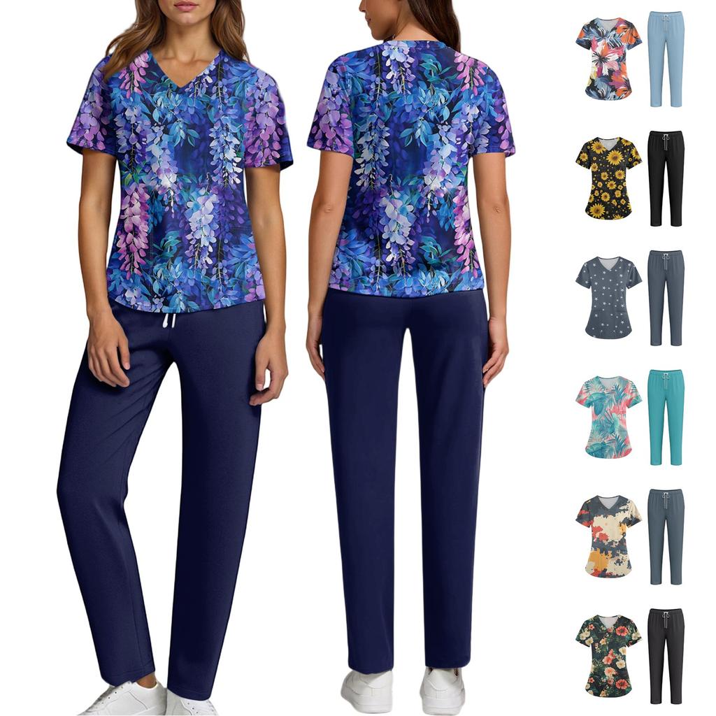 Plus SizePrinted Scrub Working Uniform Tops For Women's Cross V-Neck Halloween Print Short Sleeve Fun T-Shirts Workwear Tee With Pockets