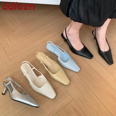 Mode Mode Eckige Zehenpartie Damen Slipper Mittel Absatz Pumps Schuhe für Damen Slingbacks Flache Damen Dünne Absätze Schuhe