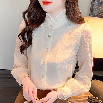 Autumn Fashion New 2024 Long Sleeve Stand Collar Apricot Chiffon Blouse Shirt Women Tops Blouses Shirts J470
