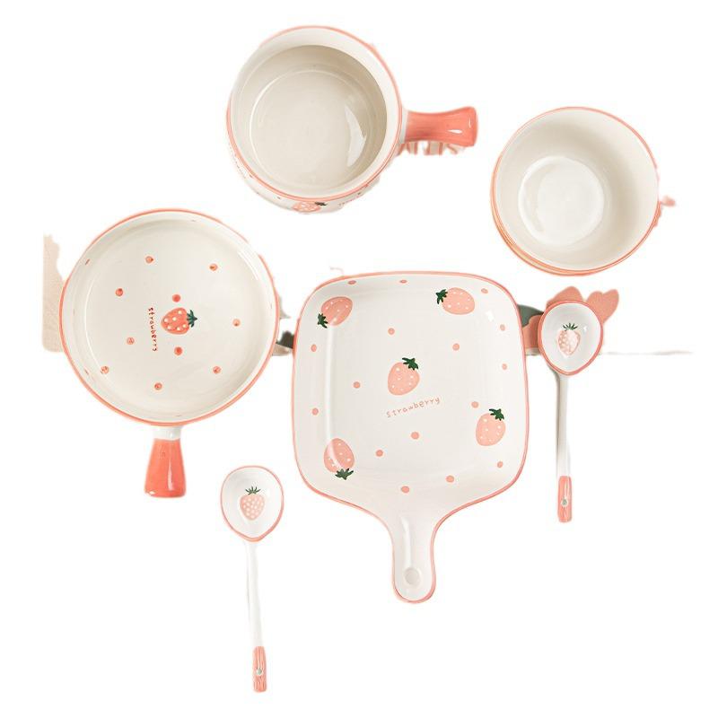 Strawberry Ceramic Bowl & Plate Set: Cute, Girly Dinnerware for Kids' Meals